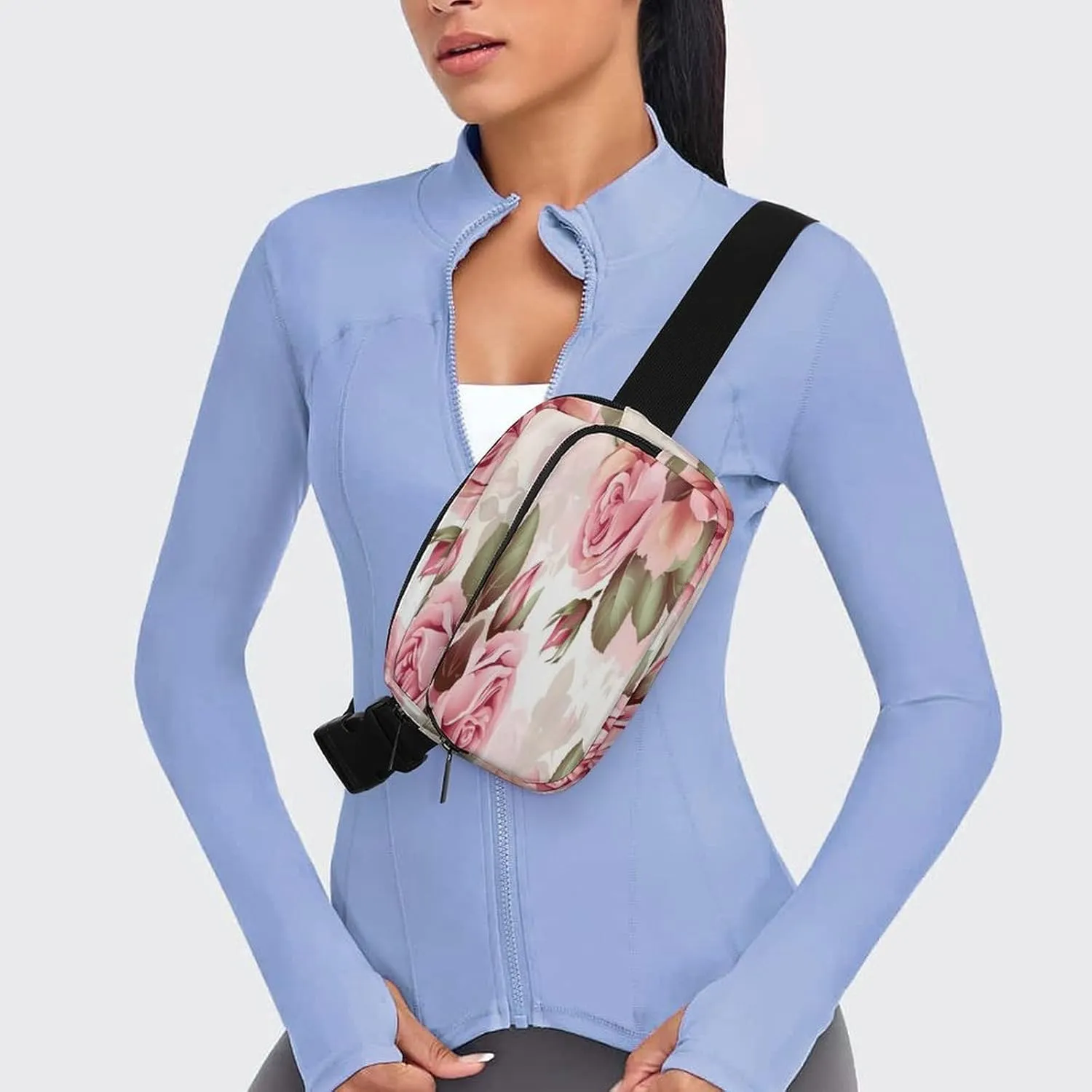 Large Waist Packs with Adjustable Strap,Rose Floral CrossBody Fanny Pack Casual Bag for Travel Sports Running Hiking