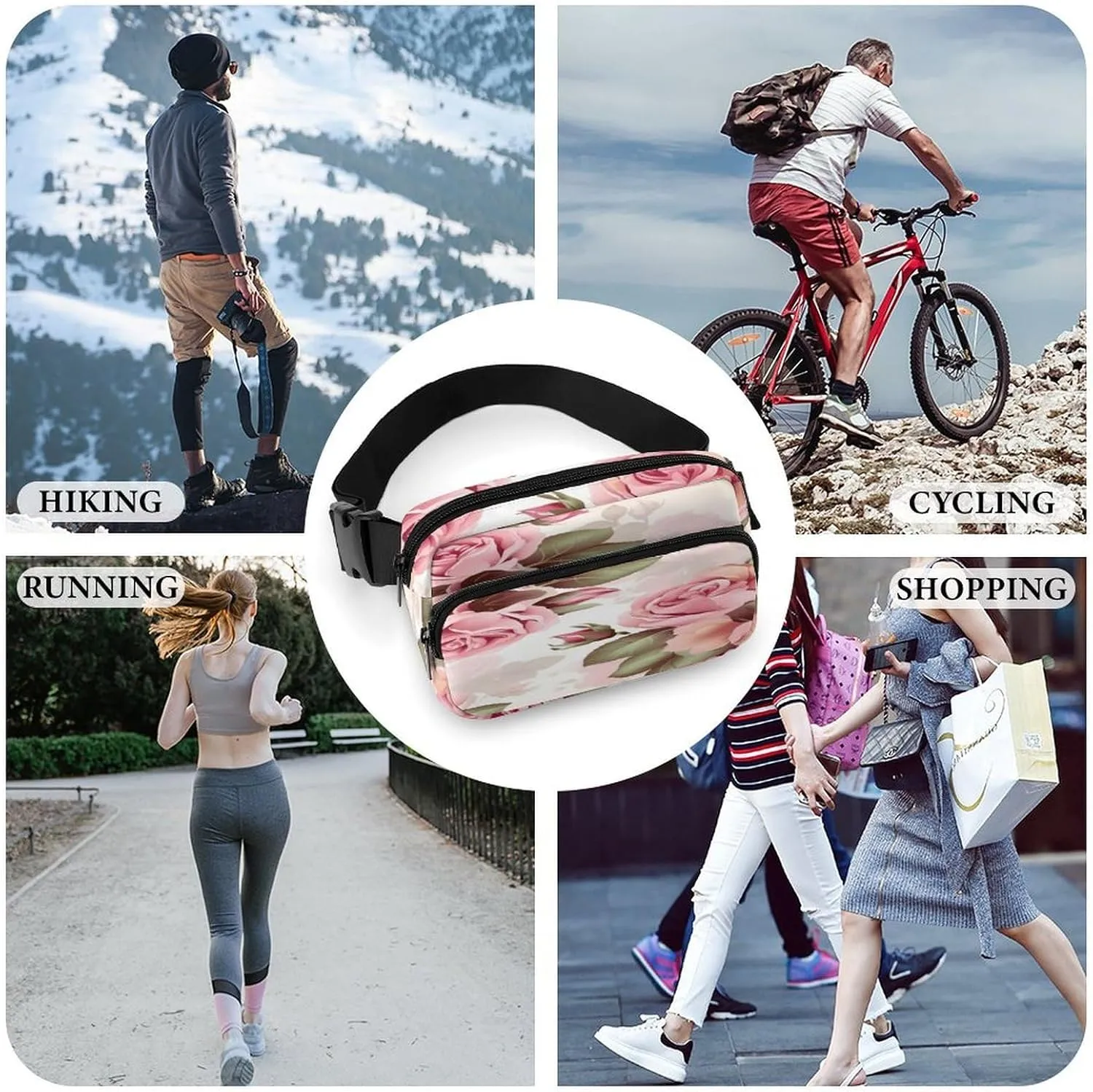 Large Waist Packs with Adjustable Strap,Rose Floral CrossBody Fanny Pack Casual Bag for Travel Sports Running Hiking