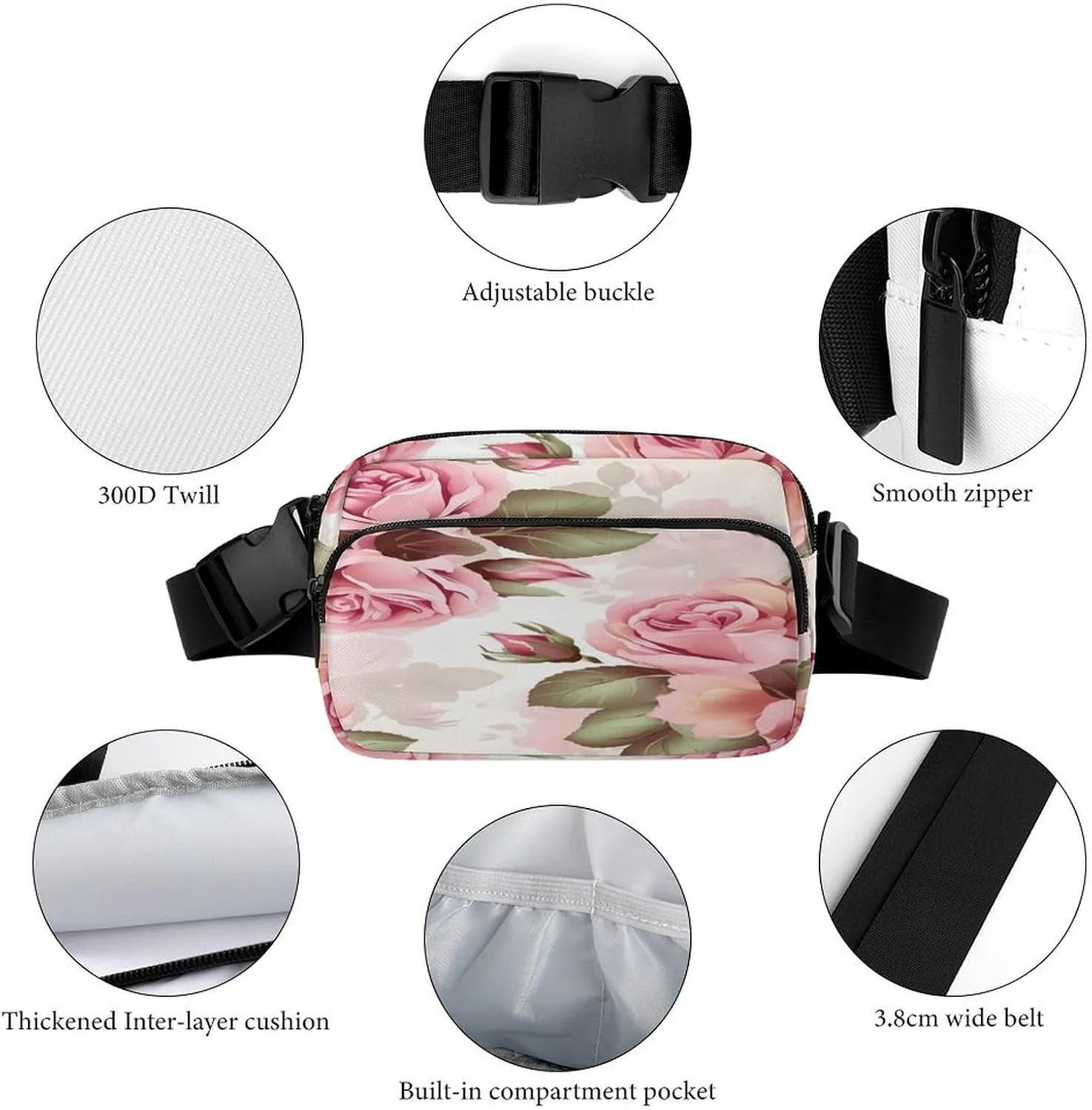 Large Waist Packs with Adjustable Strap,Rose Floral CrossBody Fanny Pack Casual Bag for Travel Sports Running Hiking
