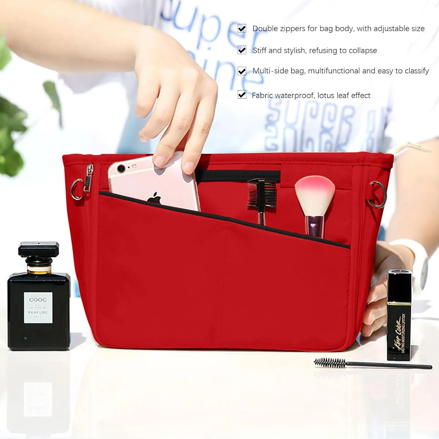 Lckaey Nylon Purse Organizer for neverfull Tote Handbag insert Organizers for longchamp and goyard tote insert 3096Red-L