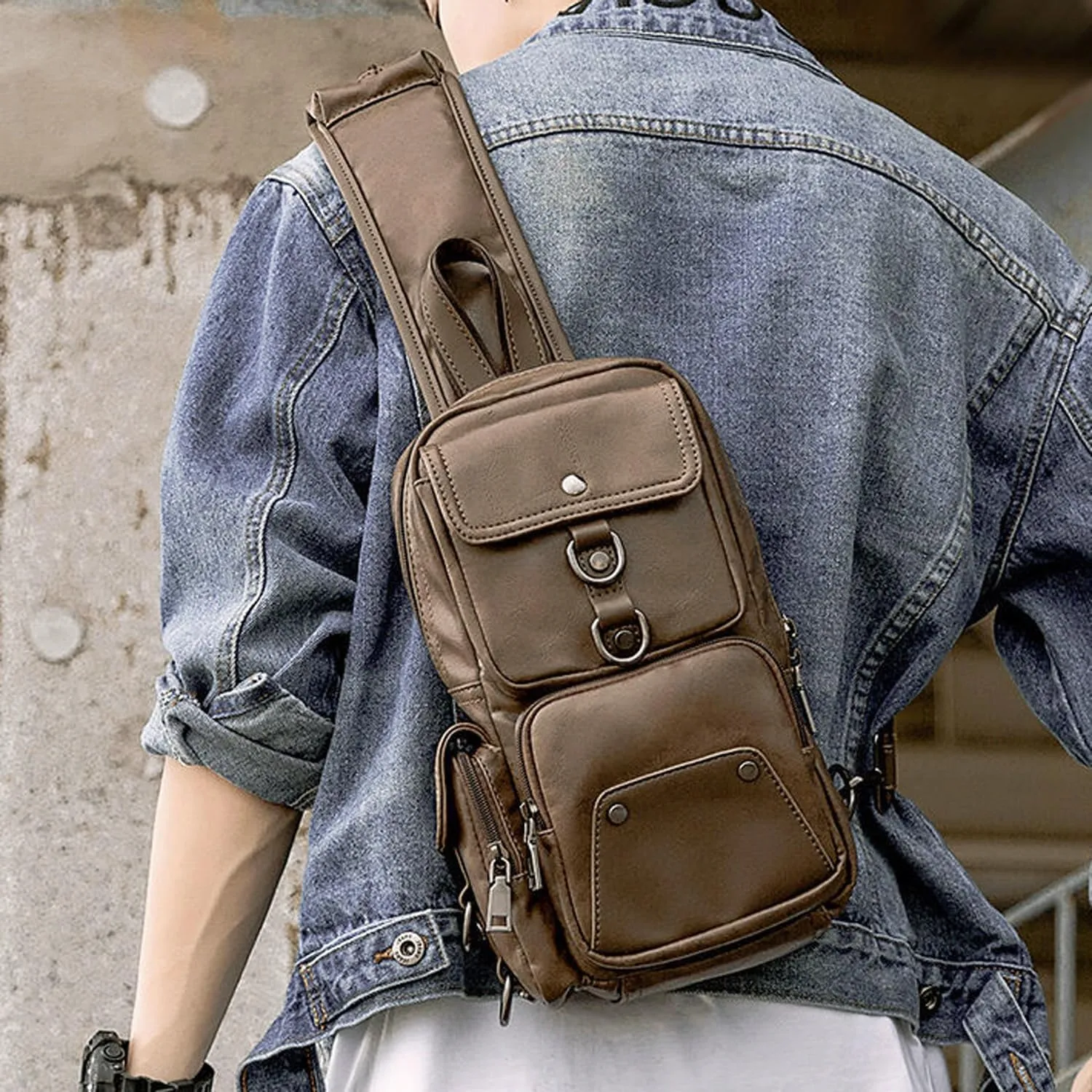 Leather Cool Sling Bag Crossbody Backpack for Men Women Outdoor Travel Camping Fishing Hunting Hiking Handbag Cross Body Shoulder Chest Pack Daypack, Brown