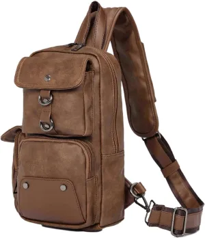 Leather Cool Sling Bag Crossbody Backpack for Men Women Outdoor Travel Camping Fishing Hunting Hiking Handbag Cross Body Shoulder Chest Pack Daypack, Brown