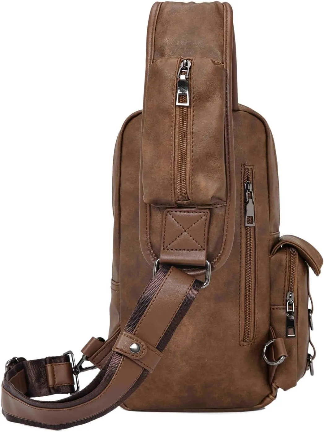 Leather Cool Sling Bag Crossbody Backpack for Men Women Outdoor Travel Camping Fishing Hunting Hiking Handbag Cross Body Shoulder Chest Pack Daypack, Brown