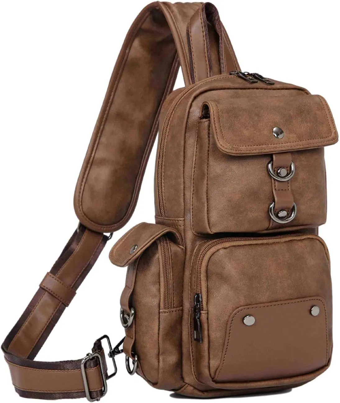 Leather Cool Sling Bag Crossbody Backpack for Men Women Outdoor Travel Camping Fishing Hunting Hiking Handbag Cross Body Shoulder Chest Pack Daypack, Brown