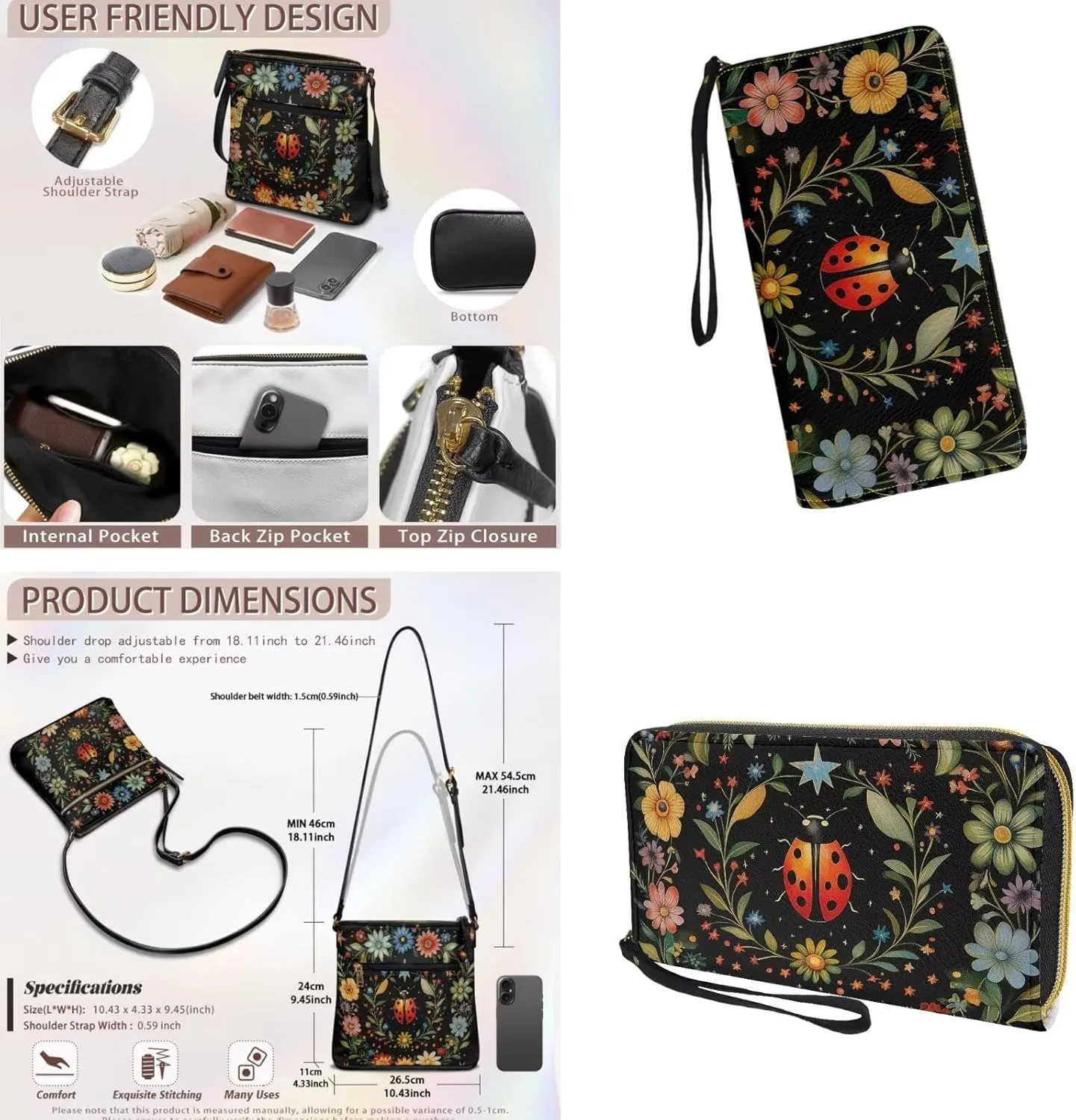 Leather Crossbody Purse Set Multi Pocket Hobo Bag Zipper Satchel Purse with Wristlet Wallet