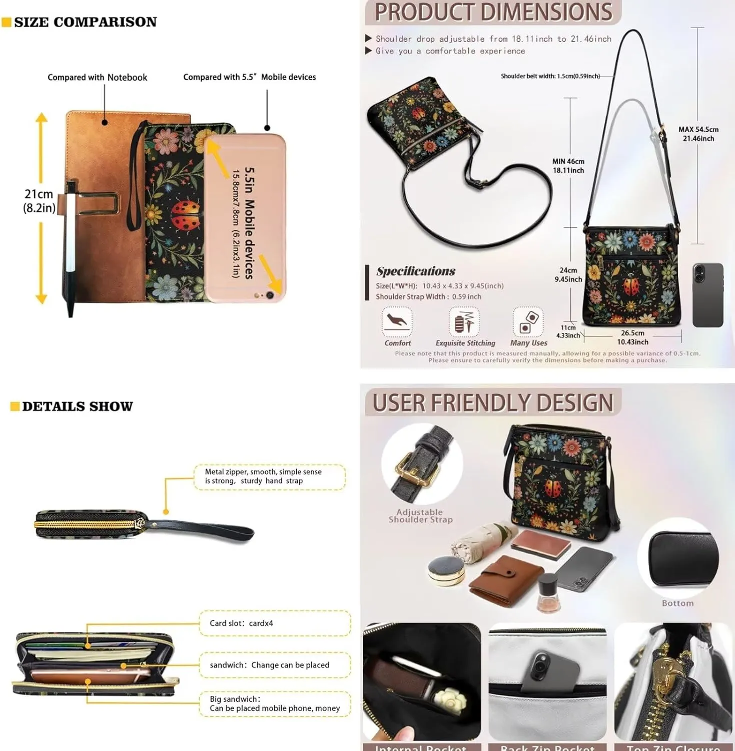 Leather Crossbody Purse Set Multi Pocket Hobo Bag Zipper Satchel Purse with Wristlet Wallet
