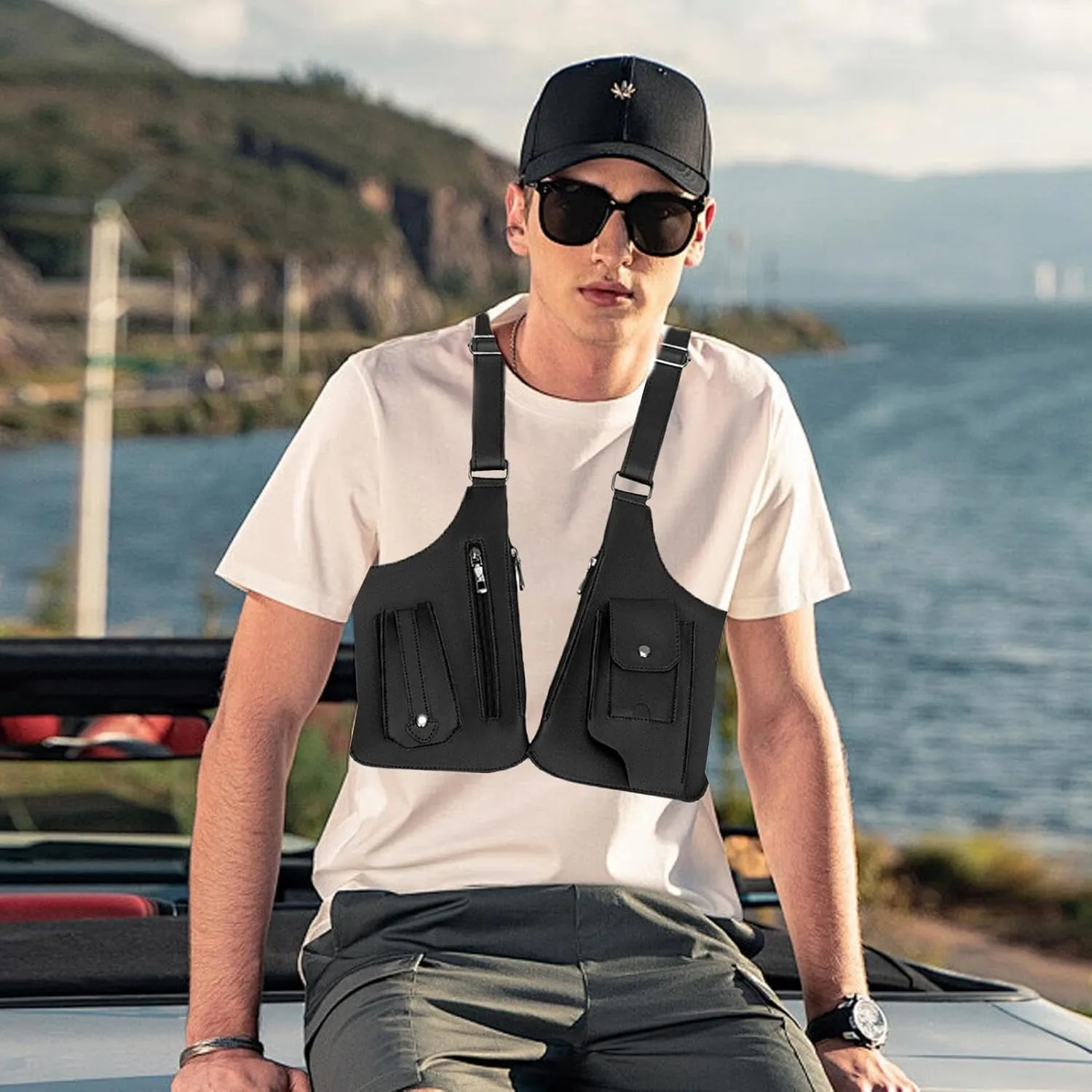 Leather Double Shoulder Pocket, Men's Anti-Theft Multi-Pocket Double-shoulder T-actical Bag, T-actical Shoulder Bag for Men,