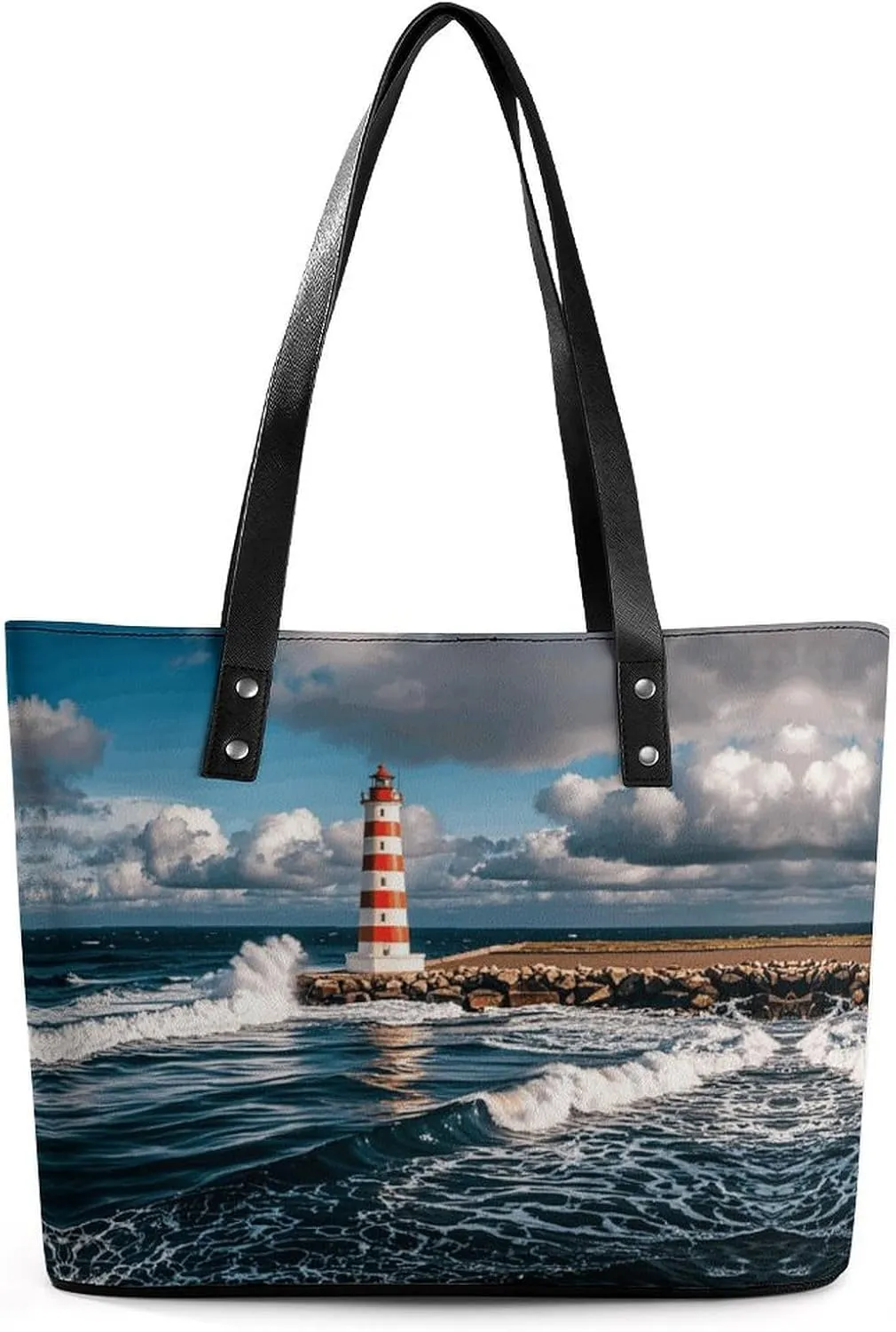Leather Lady's Handbag Lighthouse Landscape Print Leather Tote Bags For Women Trendy Ladies Shoulder Bag for Work, Travel, Casual Use