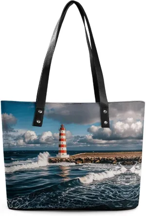 Leather Lady's Handbag Lighthouse Landscape Print Leather Tote Bags For Women Trendy Ladies Shoulder Bag for Work, Travel, Casual Use