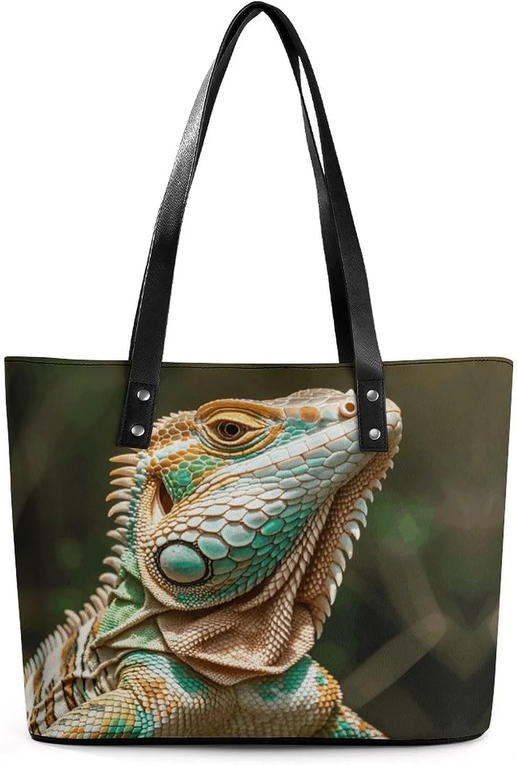 Leather Lady's Handbag Primitive Wildlife Lizards Print Leather Tote Bags For Women Trendy Ladies Shoulder Bag for Work, Travel, Casual Use