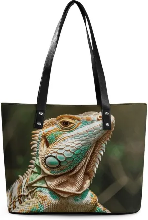 Leather Lady's Handbag Primitive Wildlife Lizards Print Leather Tote Bags For Women Trendy Ladies Shoulder Bag for Work, Travel, Casual Use