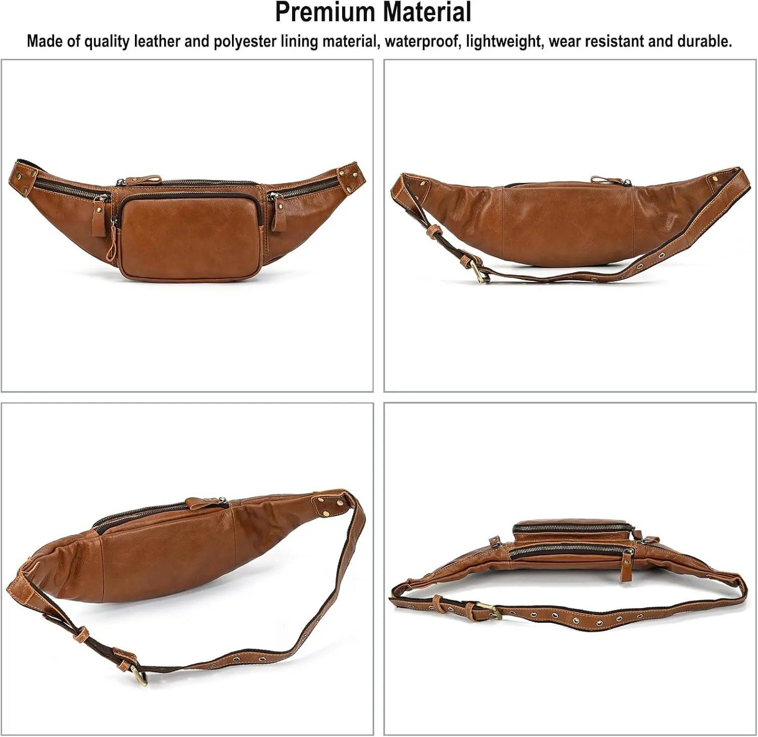 Leather Waist Bag for Men and Women, Outdoor Messenger Shoulder Satchel Crossbody Belt Bag with Multiple Pockets for Sport Climbing Hiking Running Travel and Daily Use (Brown)