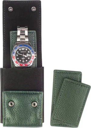 Leather Watch Pouch - Portable Travel Pouch with Suede Lining and Leather Inserts, Single Watch Case for Lovers Gift (Green)