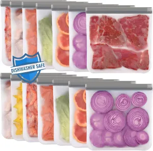 Lerine 14 Pack Reusable Gallon Freezer Bags Dishwasher Safe, BPA Free Reusable freezer Bags 1 Gallon, Extra Thick Leakproof Food Storage Bags for Meal Prep, Fridge Kitchen Organization