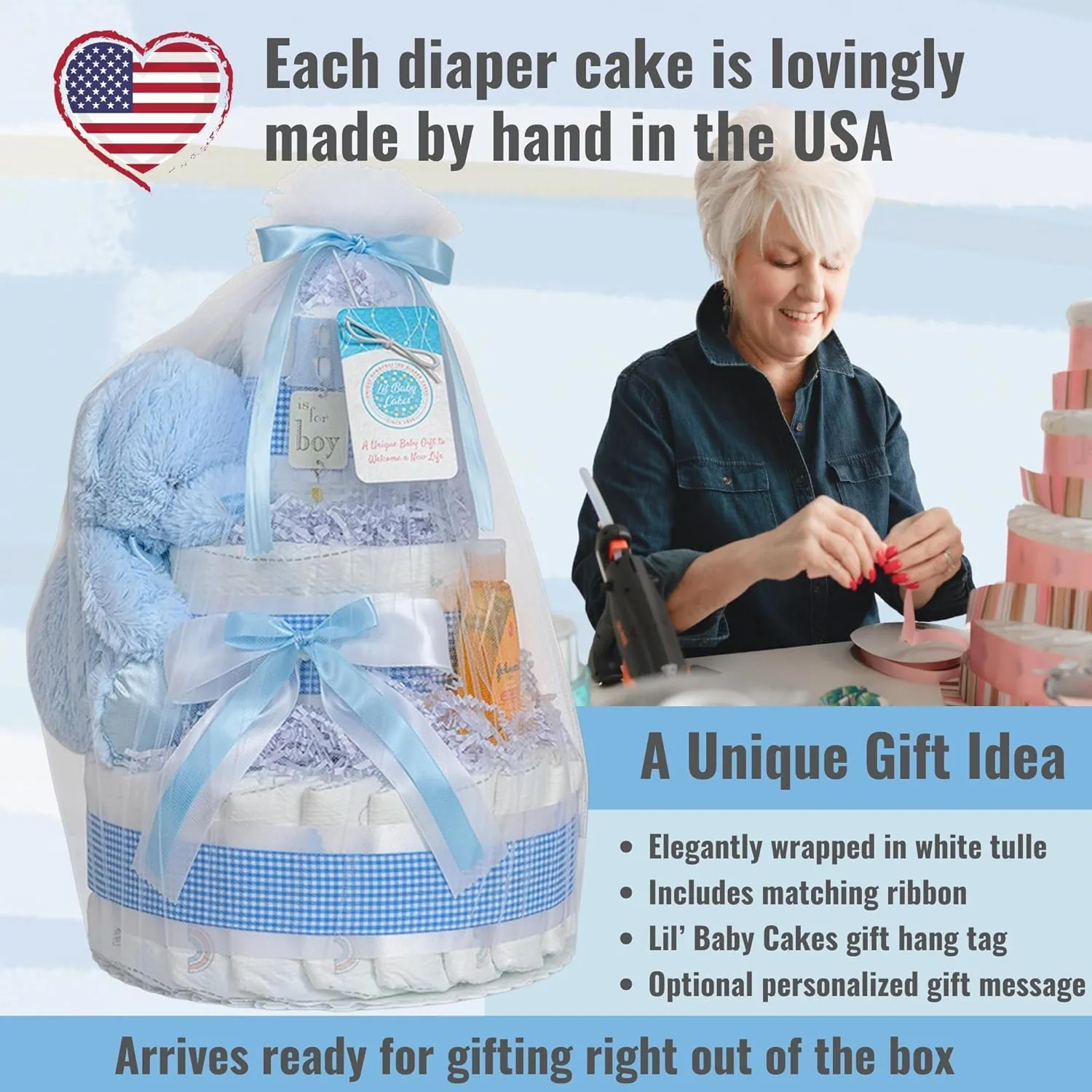 Lil' Baby Cakes Blue Boy Diaper Cake - Makes a Beautiful Boy Baby Gift - Adorable and Practical - Handmade with 42 Swaddler 1 Diapers - Size 10 in x 12 in