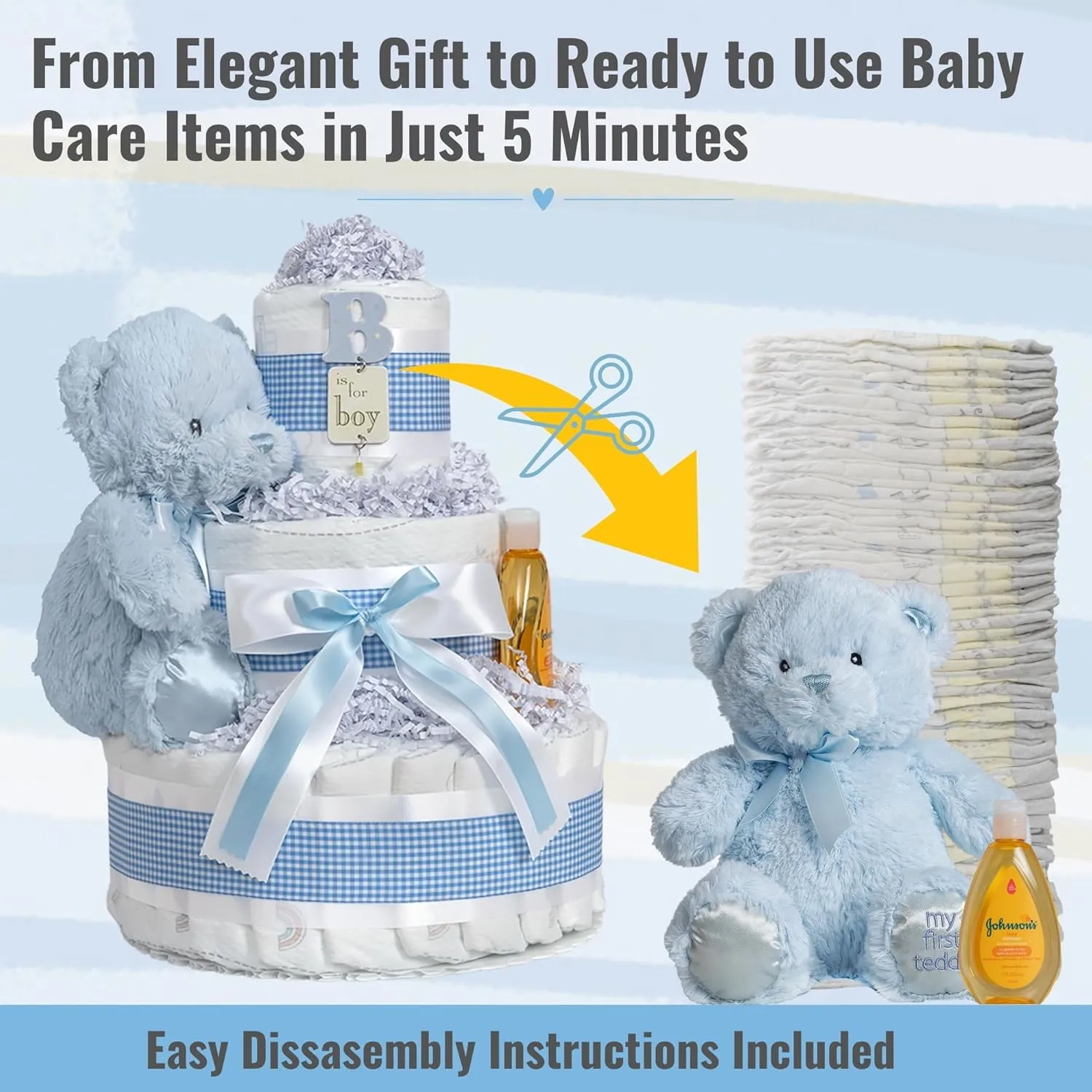 Lil' Baby Cakes Blue Boy Diaper Cake - Makes a Beautiful Boy Baby Gift - Adorable and Practical - Handmade with 42 Swaddler 1 Diapers - Size 10 in x 12 in