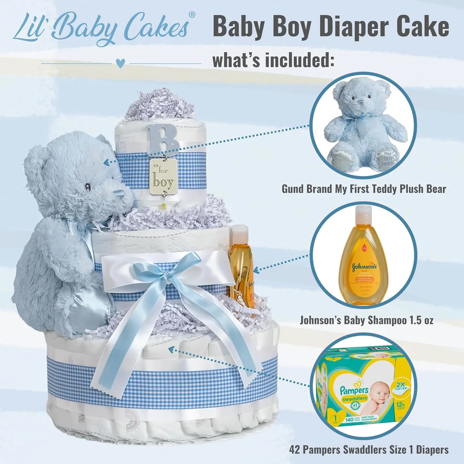 Lil' Baby Cakes Blue Boy Diaper Cake - Makes a Beautiful Boy Baby Gift - Adorable and Practical - Handmade with 42 Swaddler 1 Diapers - Size 10 in x 12 in