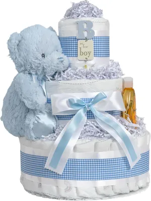 Lil' Baby Cakes Blue Boy Diaper Cake - Makes a Beautiful Boy Baby Gift - Adorable and Practical - Handmade with 42 Swaddler 1 Diapers - Size 10 in x 12 in