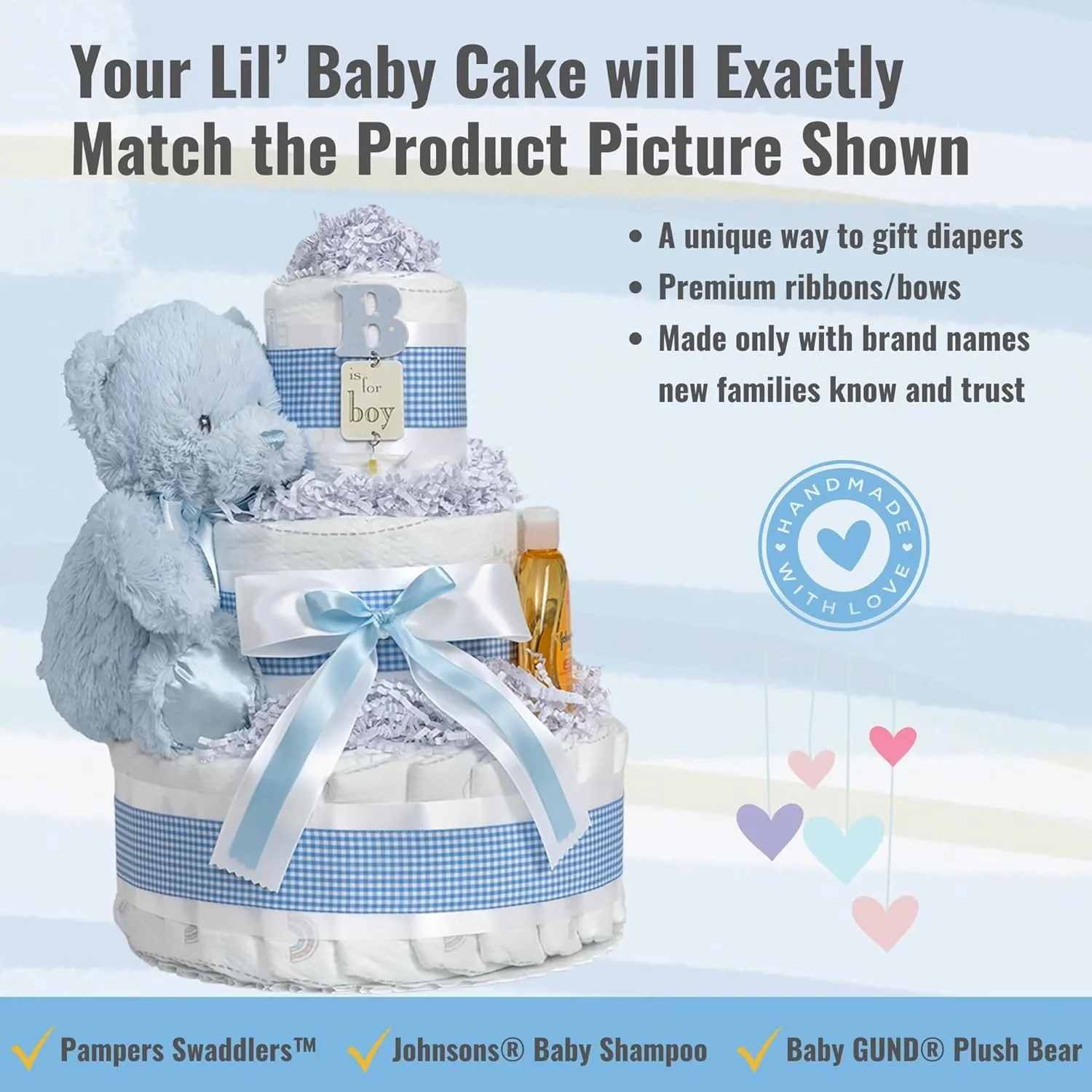 Lil' Baby Cakes Blue Boy Diaper Cake - Makes a Beautiful Boy Baby Gift - Adorable and Practical - Handmade with 42 Swaddler 1 Diapers - Size 10 in x 12 in