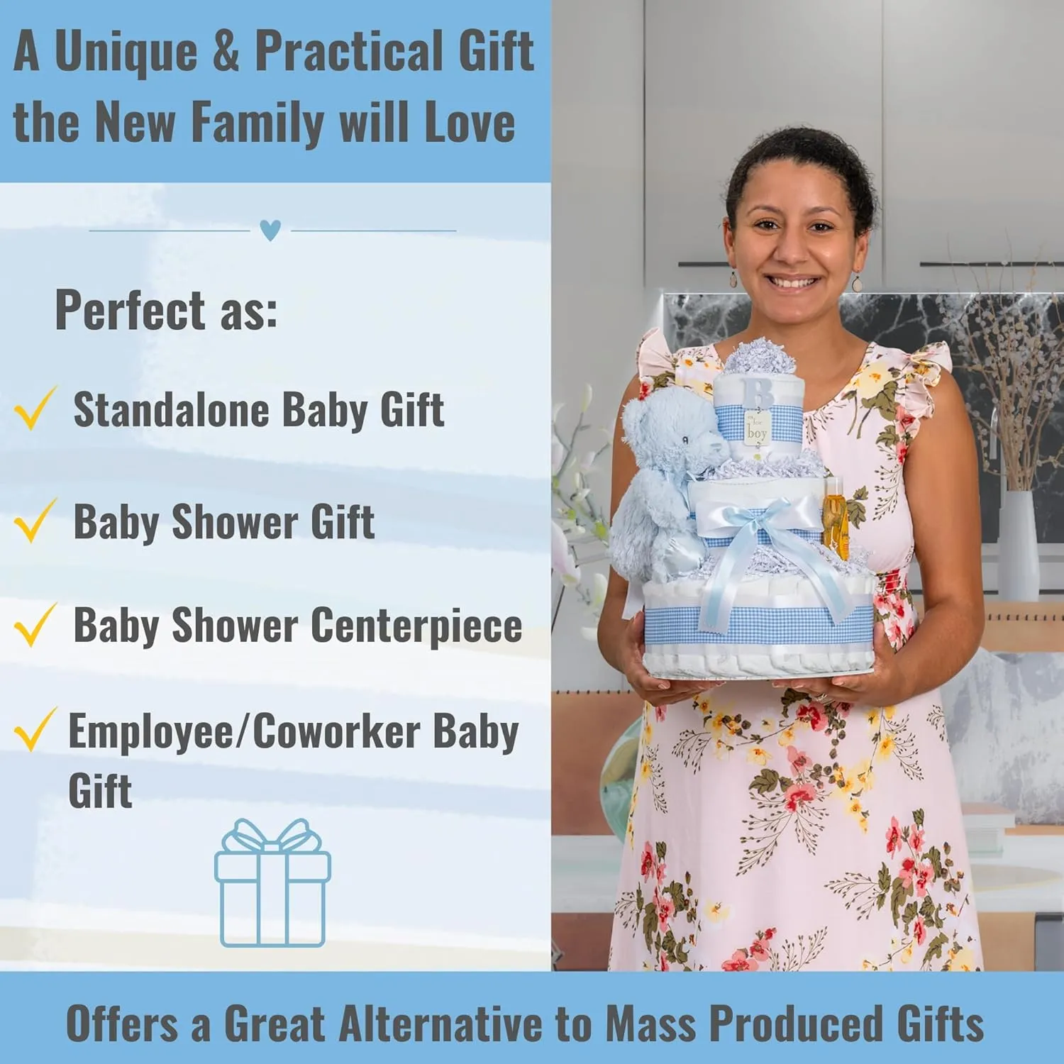 Lil' Baby Cakes Blue Boy Diaper Cake - Makes a Beautiful Boy Baby Gift - Adorable and Practical - Handmade with 42 Swaddler 1 Diapers - Size 10 in x 12 in