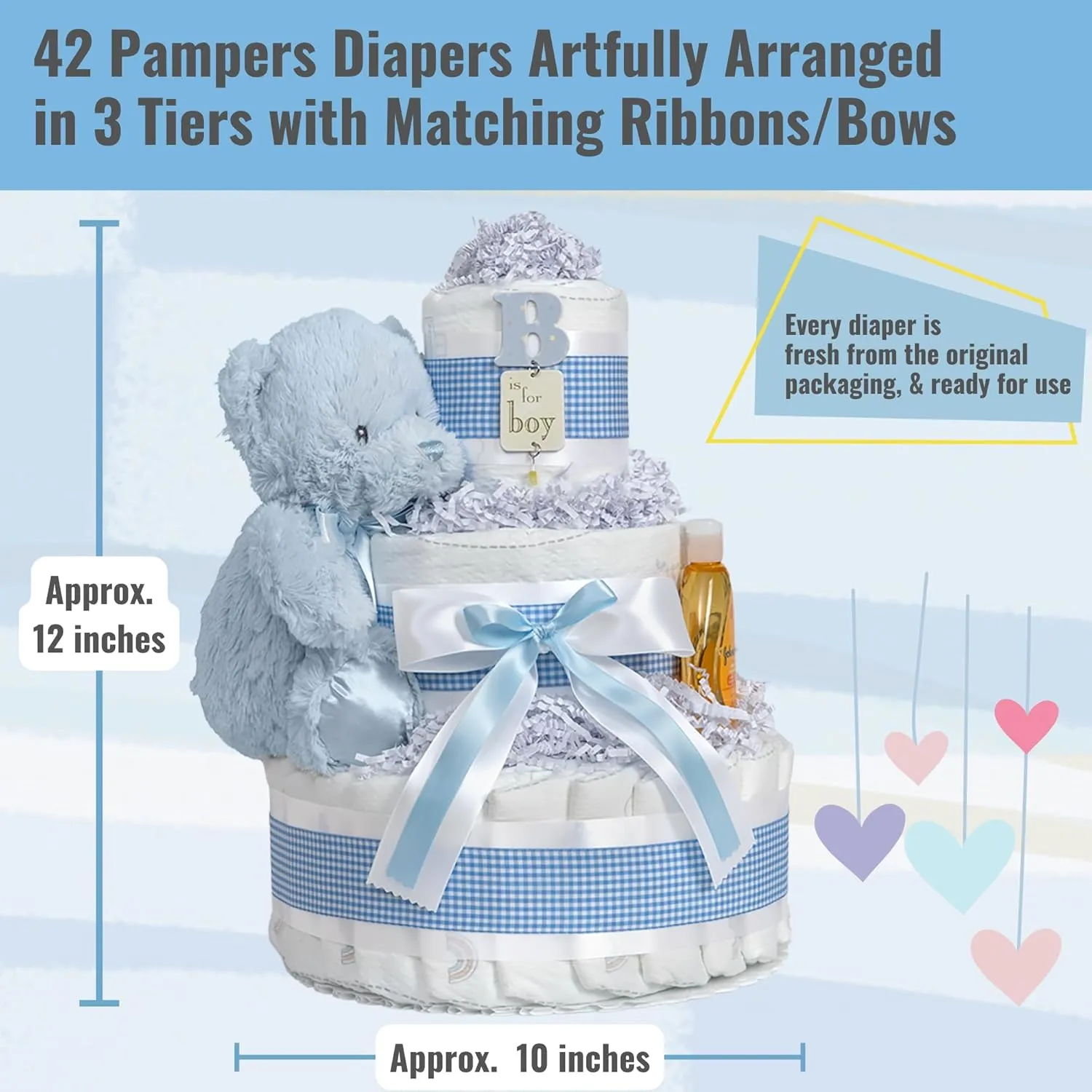 Lil' Baby Cakes Blue Boy Diaper Cake - Makes a Beautiful Boy Baby Gift - Adorable and Practical - Handmade with 42 Swaddler 1 Diapers - Size 10 in x 12 in