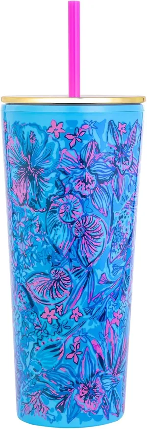 Lilly Pulitzer Double Wall Tumbler with Lid and Reusable Straw, Blue Plastic Cup, Insulated Travel Cup Holds 24 Ounces, Shells N Bells