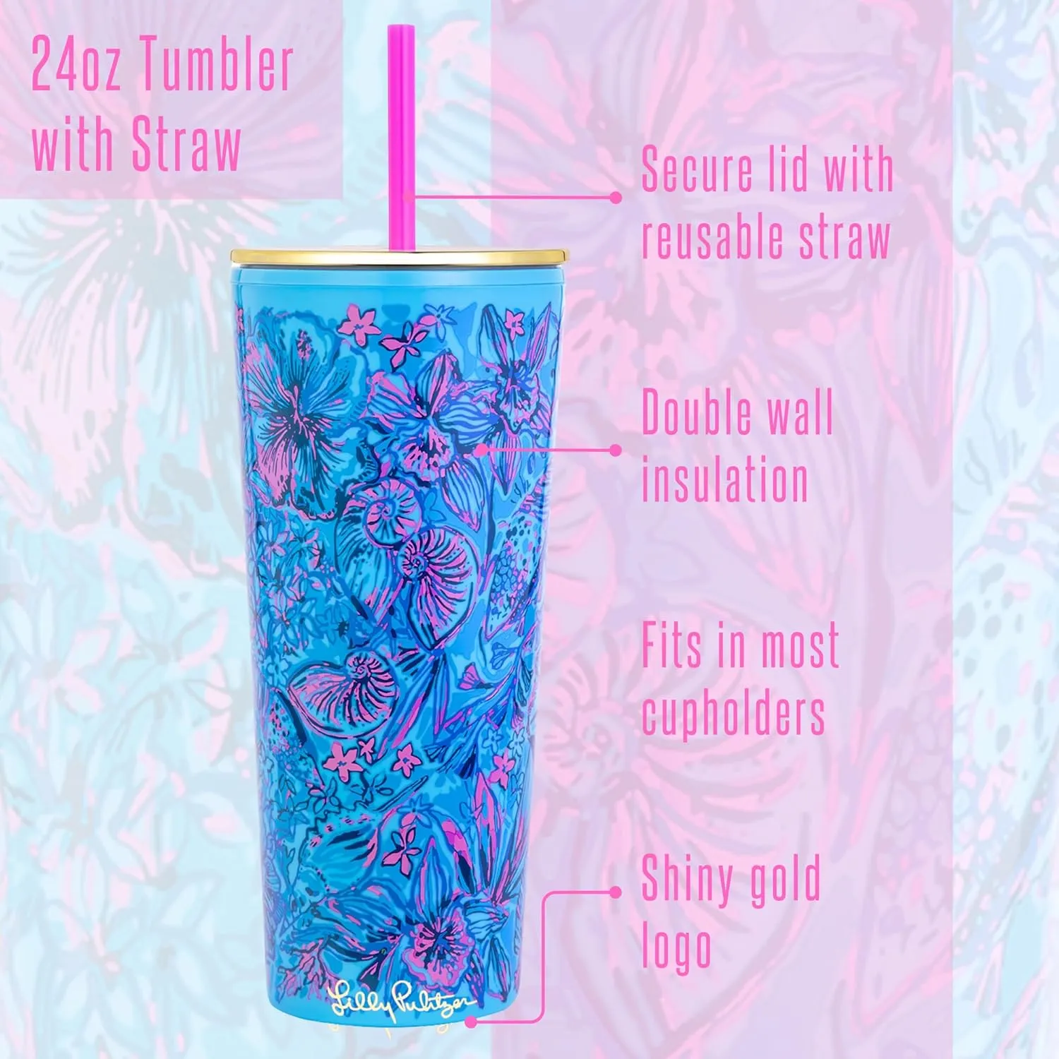 Lilly Pulitzer Double Wall Tumbler with Lid and Reusable Straw, Blue Plastic Cup, Insulated Travel Cup Holds 24 Ounces, Shells N Bells