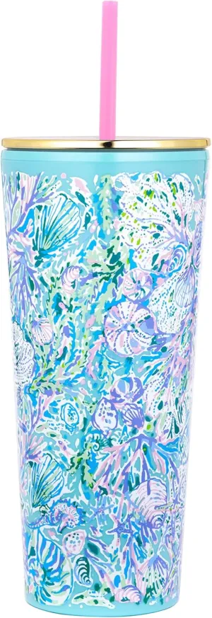 Lilly Pulitzer Double Wall Tumbler with Lid and Reusable Straw, Insulated Travel Cup Holds 24 Ounces, Soleil It On Me