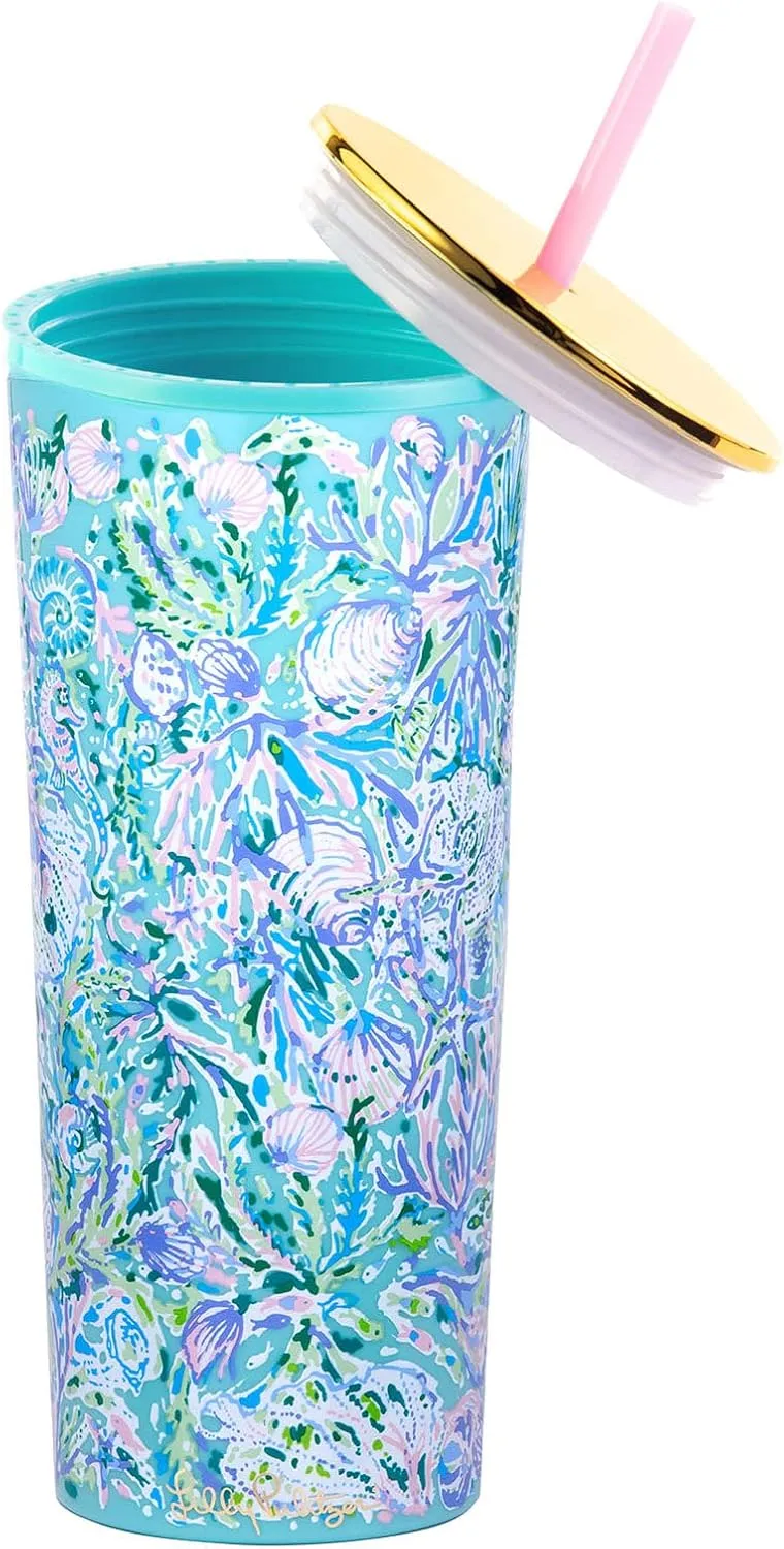 Lilly Pulitzer Double Wall Tumbler with Lid and Reusable Straw, Insulated Travel Cup Holds 24 Ounces, Soleil It On Me