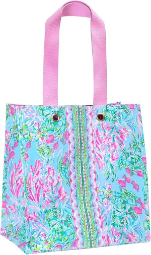 Lilly Pulitzer Pink/Blue Market Shopper Bag, Reusable Grocery Tote with Comfortable Shoulder Straps, Best Fishes