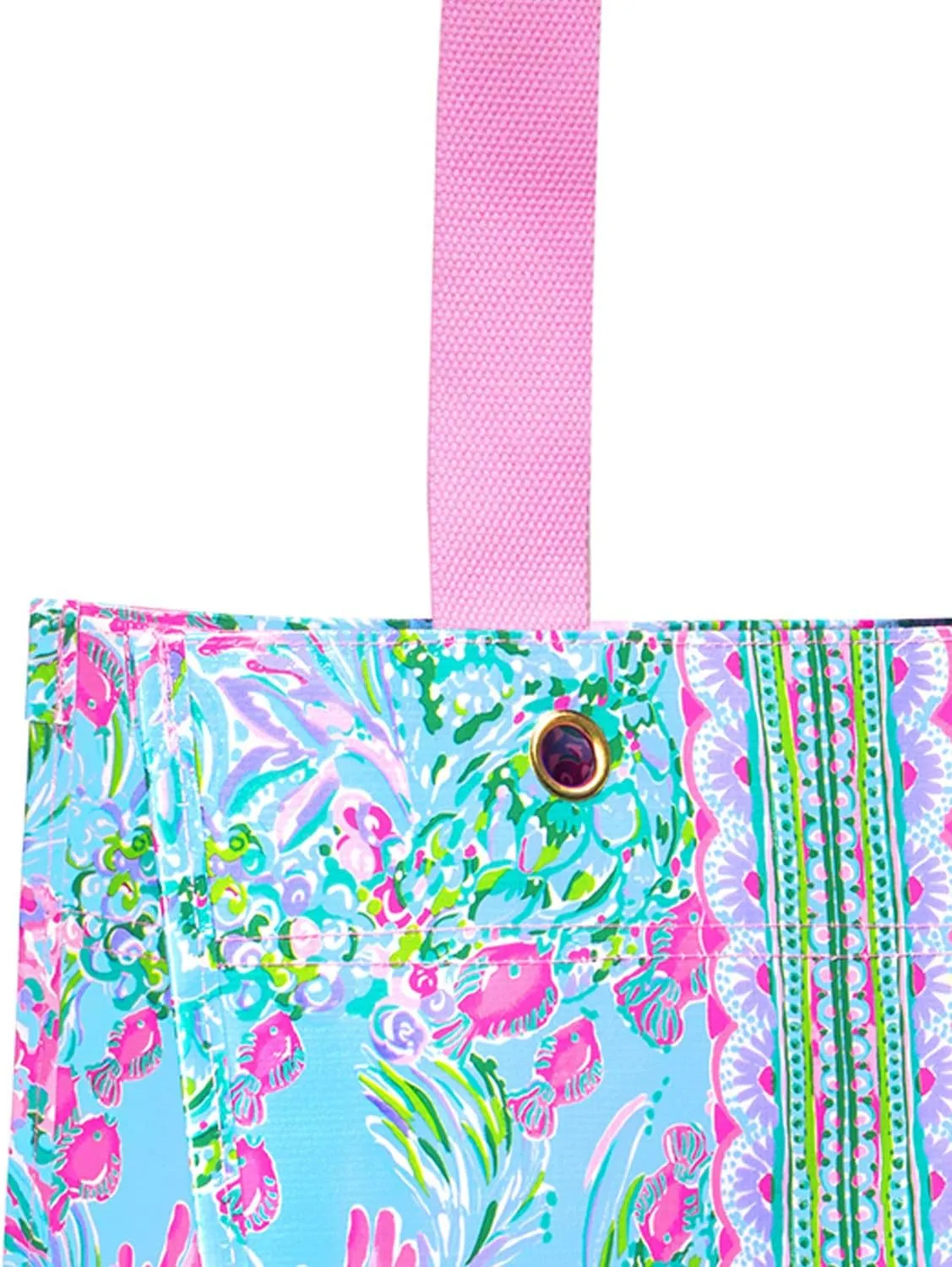 Lilly Pulitzer Pink/Blue Market Shopper Bag, Reusable Grocery Tote with Comfortable Shoulder Straps, Best Fishes