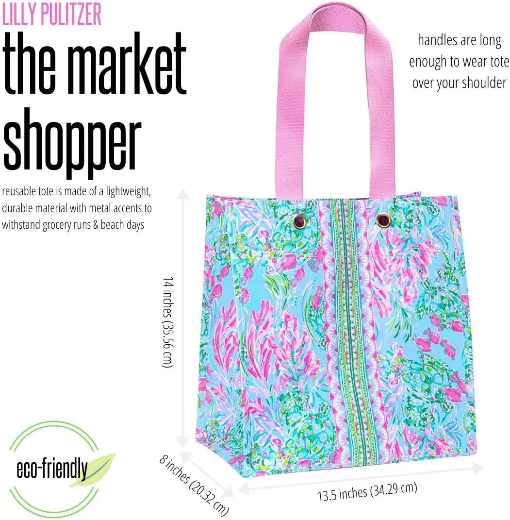 Lilly Pulitzer Pink/Blue Market Shopper Bag, Reusable Grocery Tote with Comfortable Shoulder Straps, Best Fishes