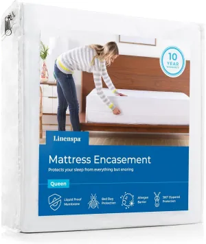 Linenspa Zippered Waterproof Mattress Encasement, Twin, Twin, White