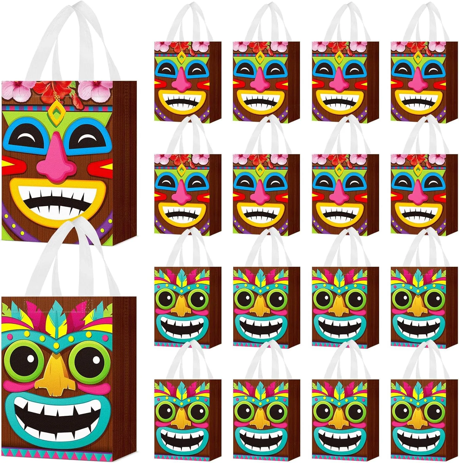 Locmeo 24 Pcs Hawaiian Aloha Tiki Luau Bags Reusable Non Woven Gift Bags with Handles Summer Tiki Luau Treat for Aloha Festival Hawaiian Party Supplies