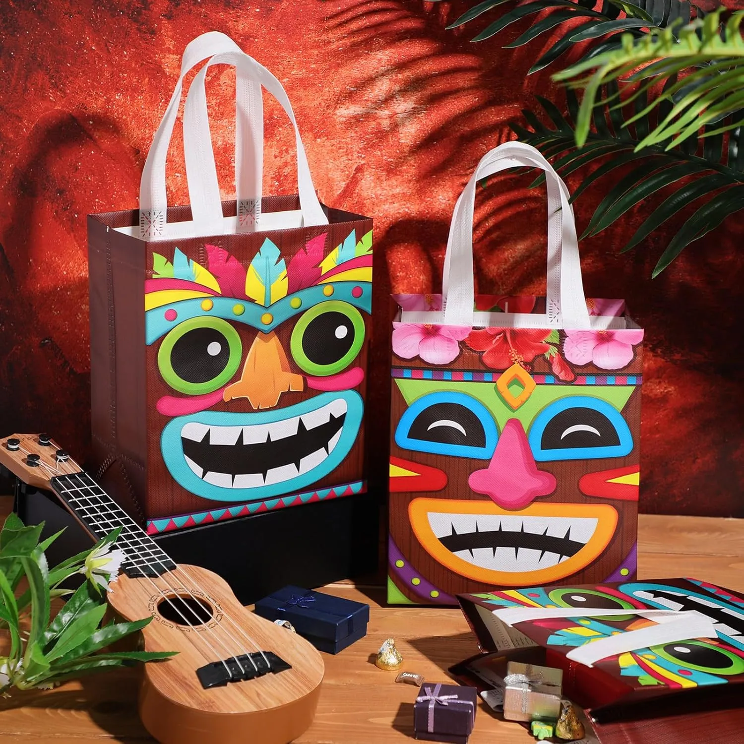 Locmeo 24 Pcs Hawaiian Aloha Tiki Luau Bags Reusable Non Woven Gift Bags with Handles Summer Tiki Luau Treat for Aloha Festival Hawaiian Party Supplies