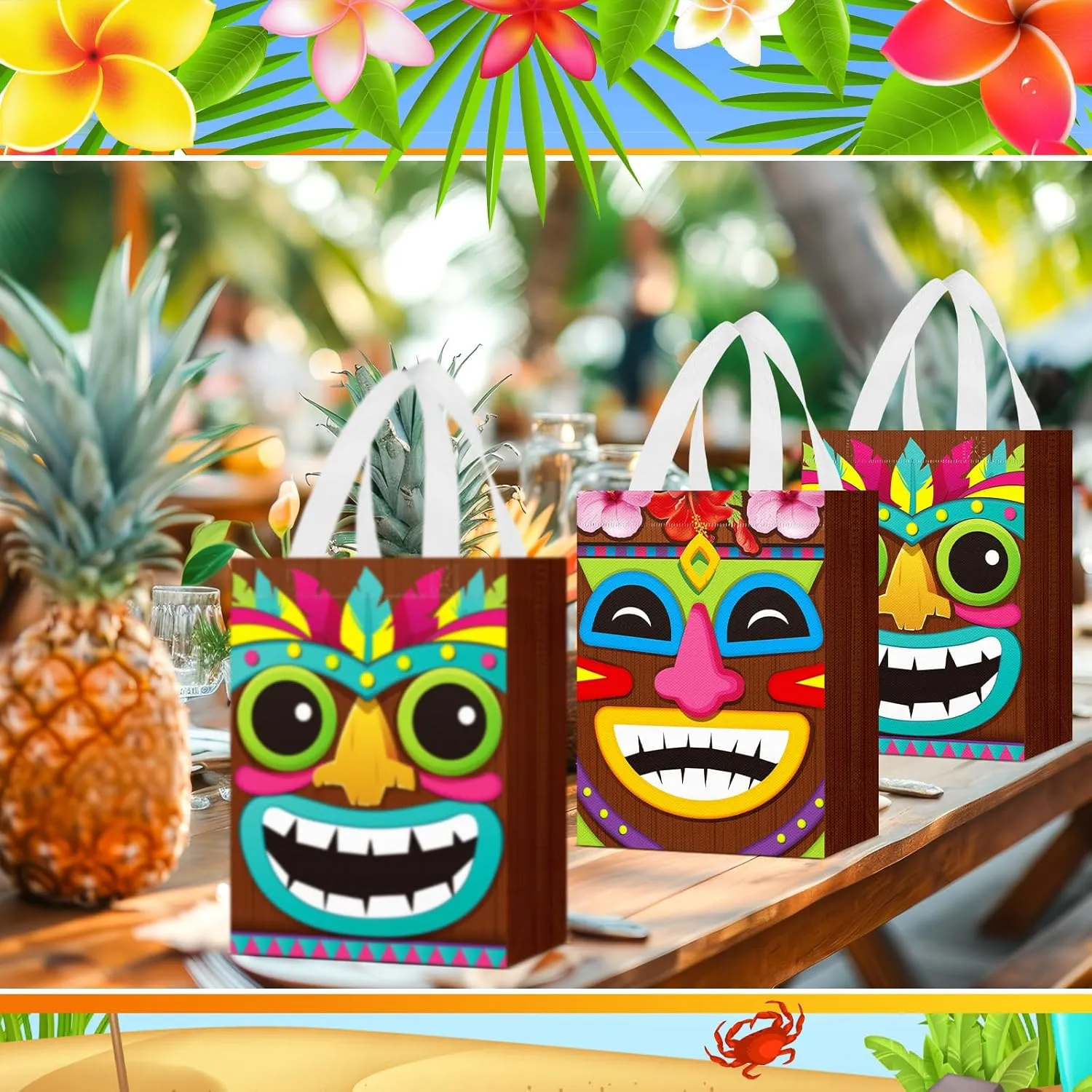 Locmeo 24 Pcs Hawaiian Aloha Tiki Luau Bags Reusable Non Woven Gift Bags with Handles Summer Tiki Luau Treat for Aloha Festival Hawaiian Party Supplies