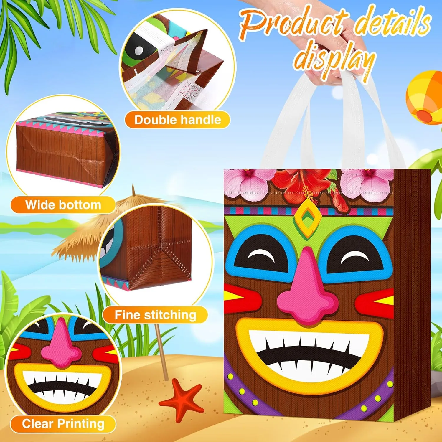 Locmeo 24 Pcs Hawaiian Aloha Tiki Luau Bags Reusable Non Woven Gift Bags with Handles Summer Tiki Luau Treat for Aloha Festival Hawaiian Party Supplies