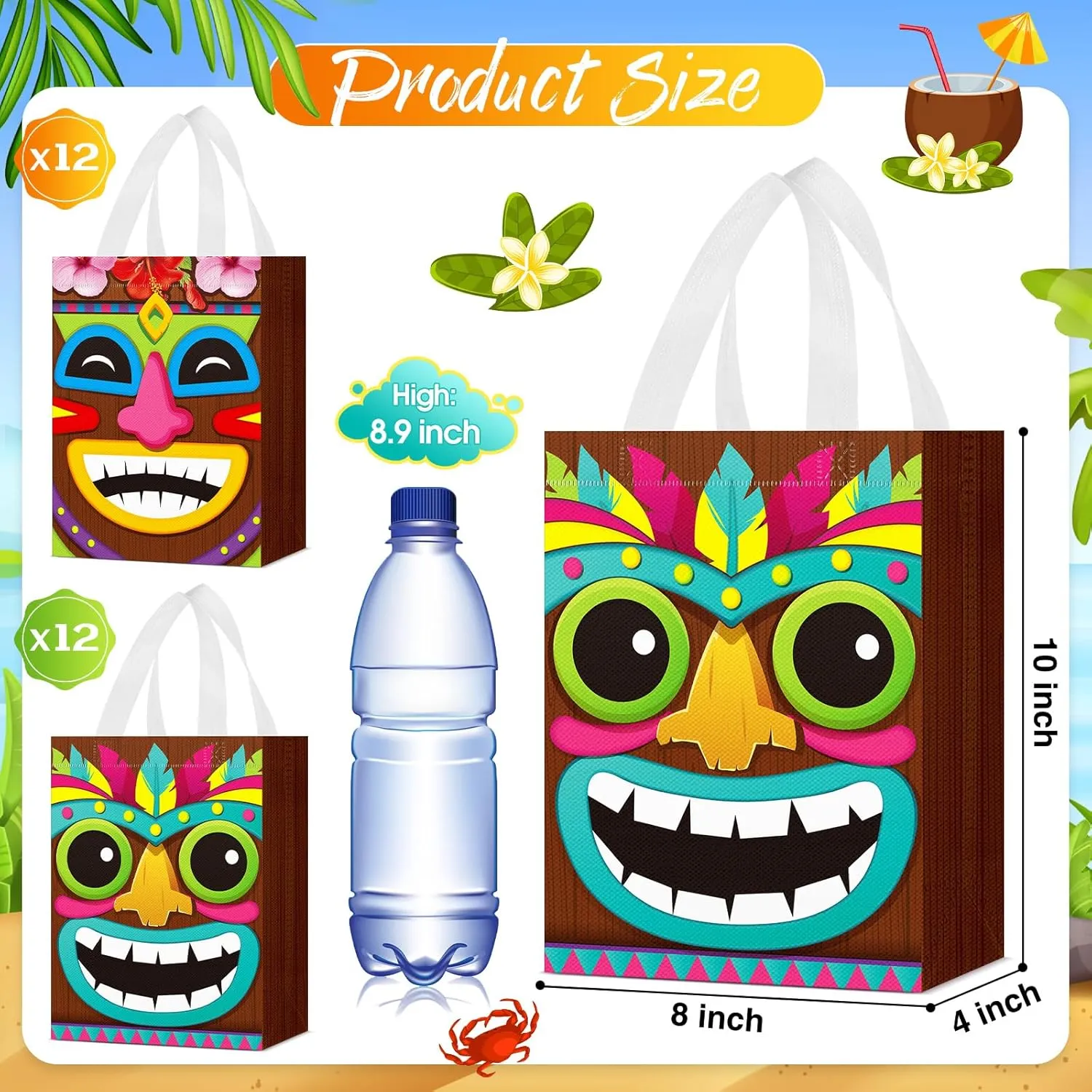 Locmeo 24 Pcs Hawaiian Aloha Tiki Luau Bags Reusable Non Woven Gift Bags with Handles Summer Tiki Luau Treat for Aloha Festival Hawaiian Party Supplies