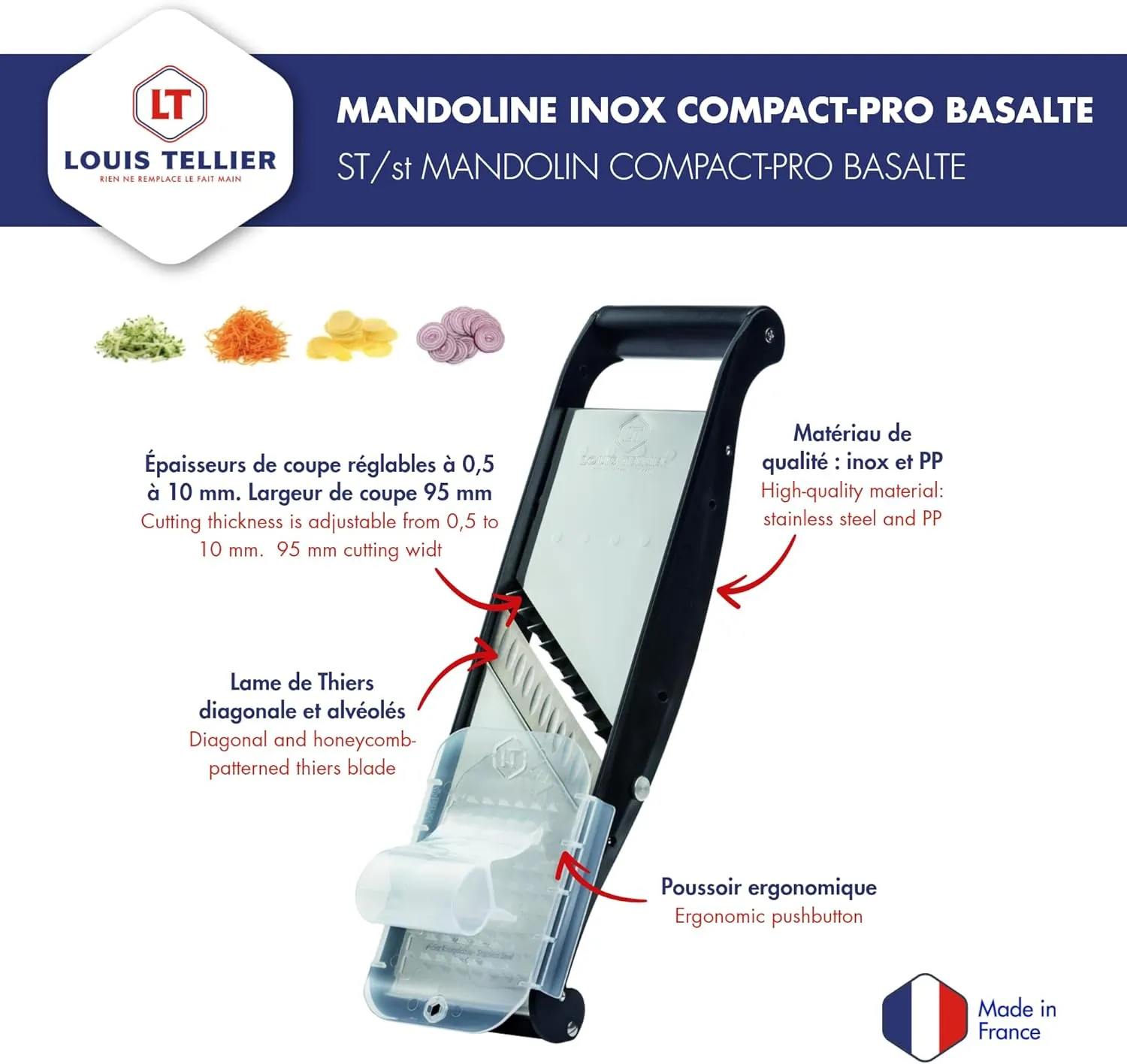 LOUIS TELLIER - Compact Pro Stainless Steel Mandoline - Multifunctional Fruit and Vegetable Slicer - 2 Julienne Blades (0.16 in & 0.4 in) - Adjustable Thickness