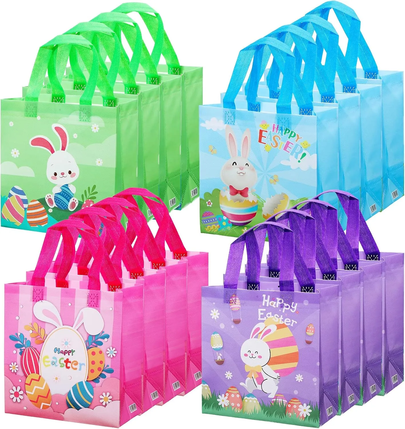 Lounsweer 16 Pcs Happy Easter Gift Bags Bulk Tote Bags with Handles Bunny Easter Egg Bag Easter Bag for Party Gift