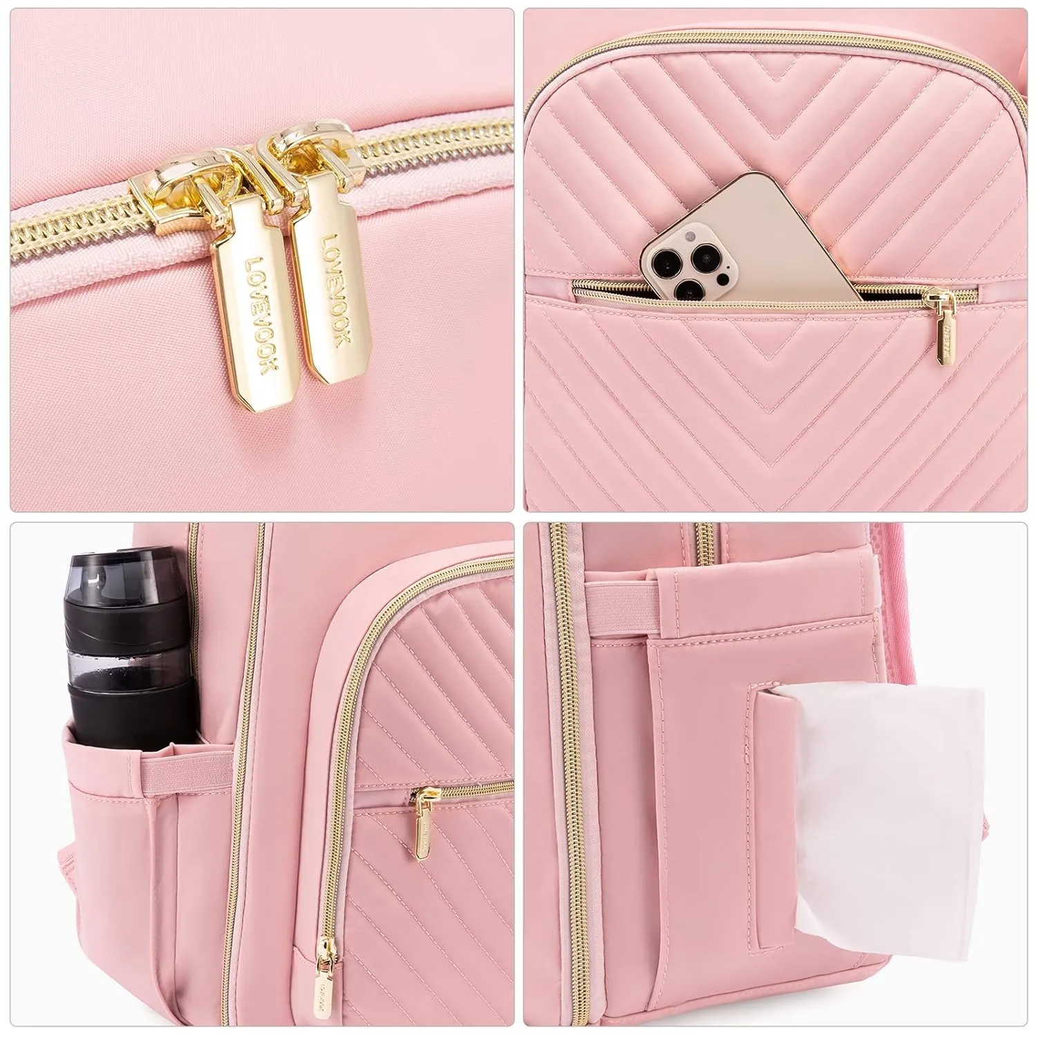 LOVEVOOK Diaper Bag Backpack, Quilted Baby Bag with Changing Pad & Pacifier Holder, Waterproof Travel Diaper Bags for Baby Boys Girls, Stylish and Large Capacity,Pink