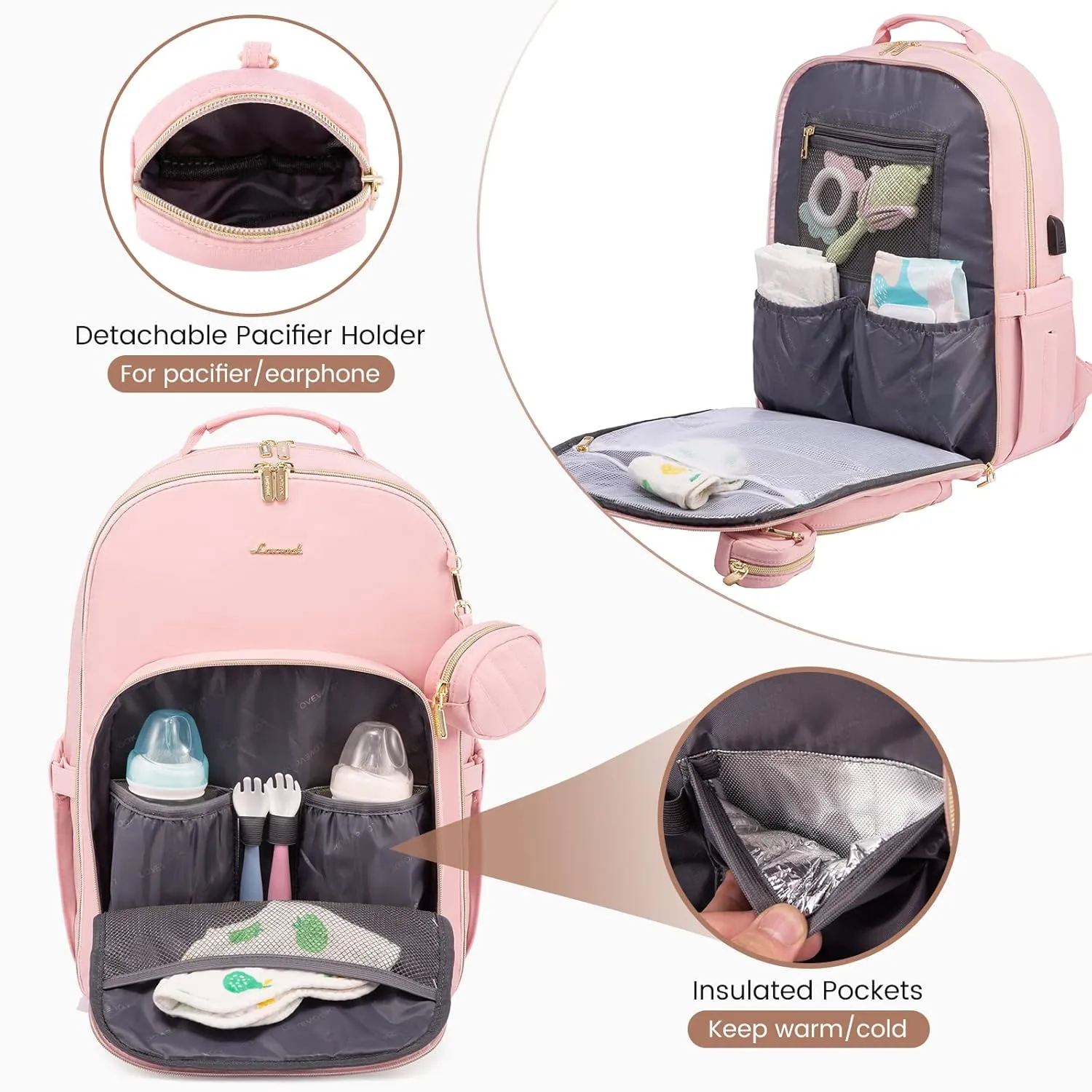 LOVEVOOK Diaper Bag Backpack, Quilted Baby Bag with Changing Pad & Pacifier Holder, Waterproof Travel Diaper Bags for Baby Boys Girls, Stylish and Large Capacity,Pink