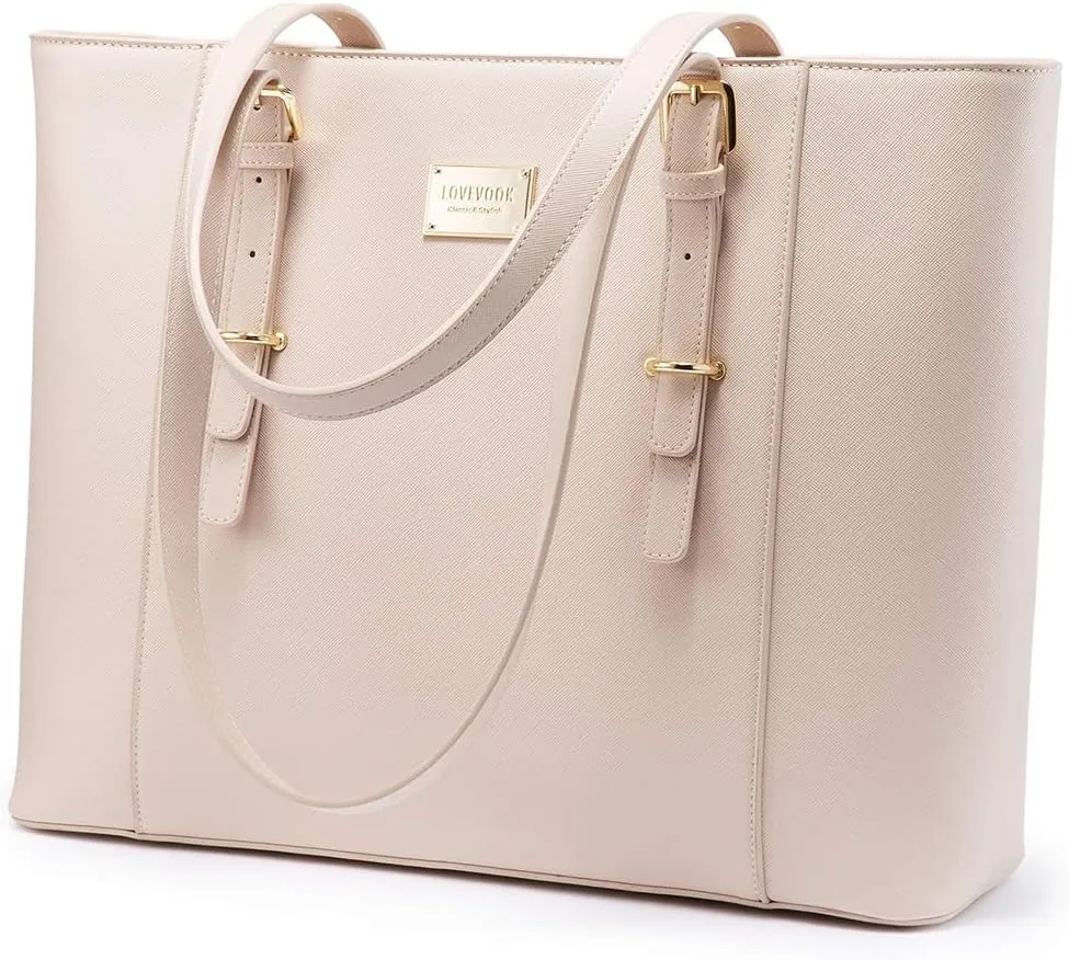 LOVEVOOK Laptop Bag for Women, Structured Leather Computer Bag, Professional Work Tote Purse, Teacher/Attorney's Choice, Light-Pink