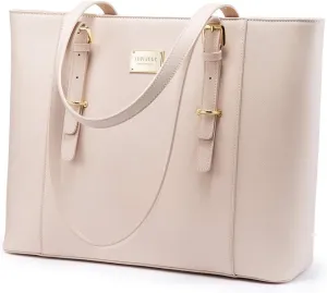LOVEVOOK Laptop Bag for Women, Structured Leather Computer Bag, Professional Work Tote Purse, Teacher/Attorney's Choice, Light-Pink