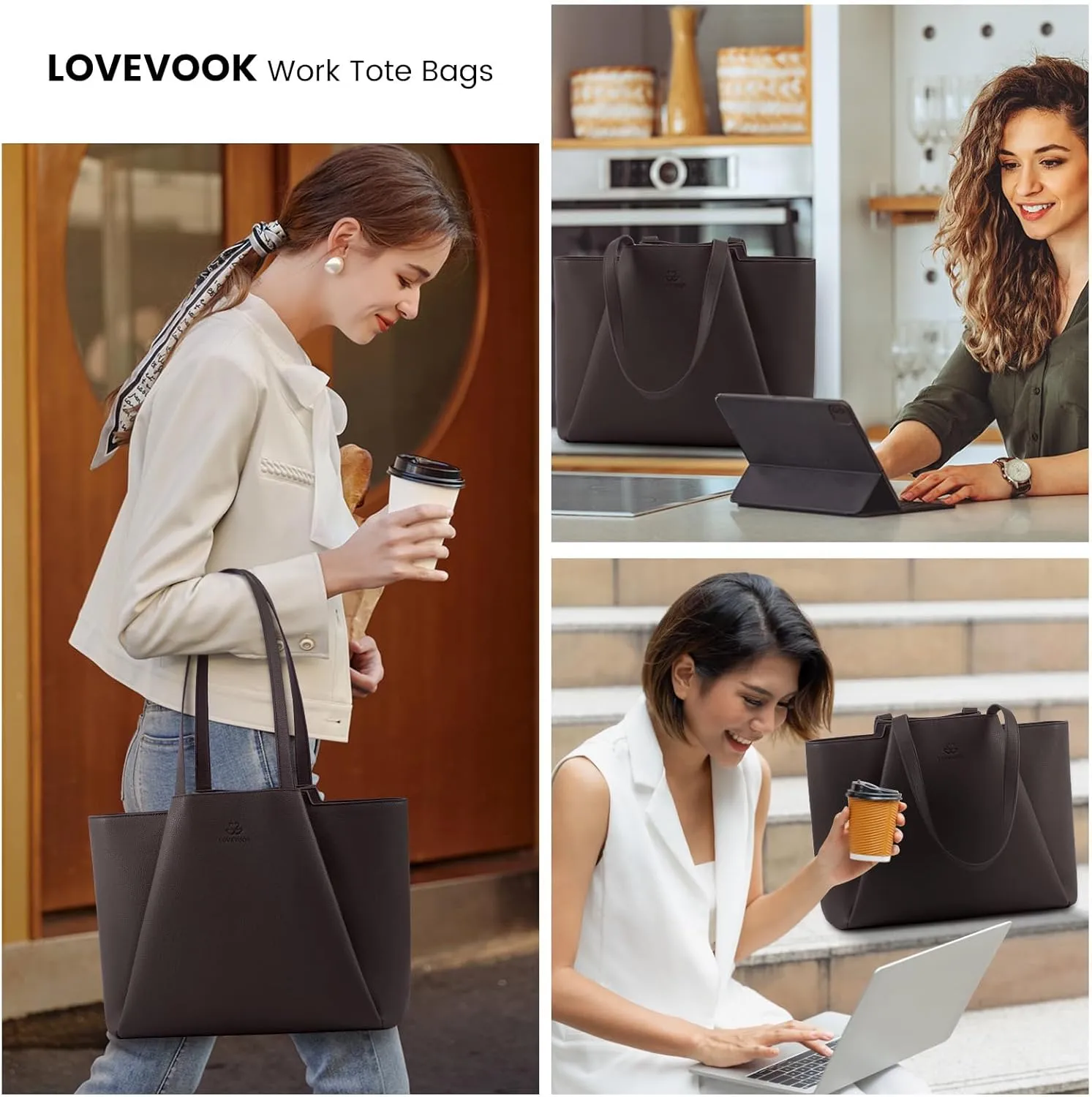 LOVEVOOK Laptop Tote Bag for Women 15.6 Inch Work Bag Leather Laptop Bag with Clutch, Large Capacity Office Purse Computer Briefcase Shoulder Bag for Casual Business Travel, Coffee