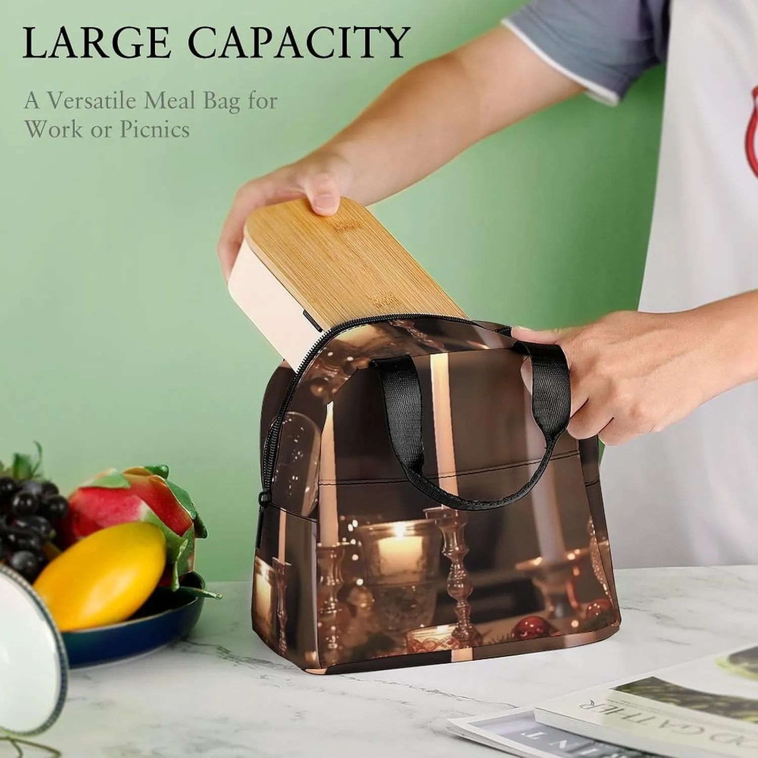 Lunch Bag Reusable Insulated Lunch Box for Women Men Leakproof Cooler Bag Candle Holder on Dining Table Portable Lunchbox Adults Small Lunch Tote Bag for Office Work Picnic Travel