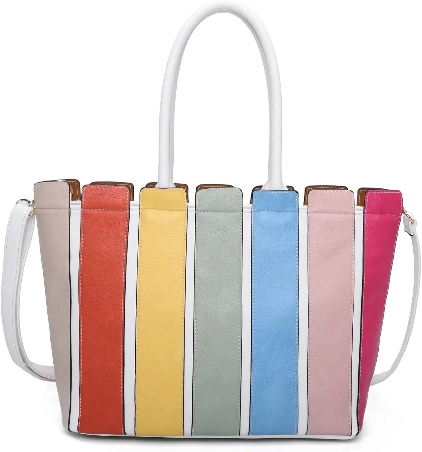 Mabel Women's Colorful Stripe Shoulder Bag – Faux Leather Tote with Top Handles & Long Adjustable Strap – Multicolor – Iris