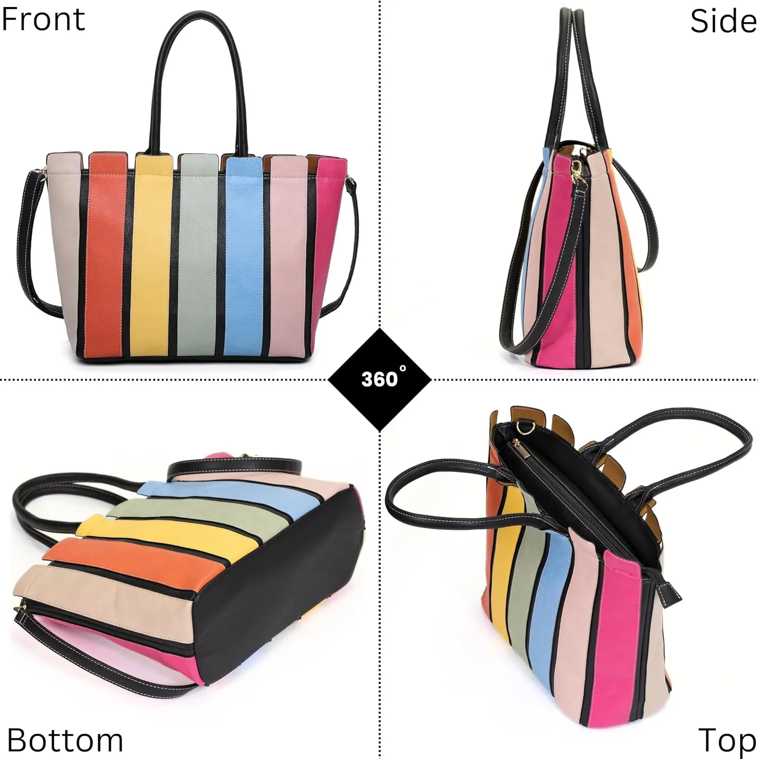 Mabel Women's Colorful Stripe Shoulder Bag – Faux Leather Tote with Top Handles & Long Adjustable Strap – Multicolor – Iris