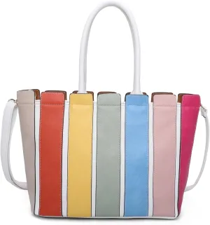 Mabel Women's Colorful Stripe Shoulder Bag – Faux Leather Tote with Top Handles & Long Adjustable Strap – Multicolor – Iris