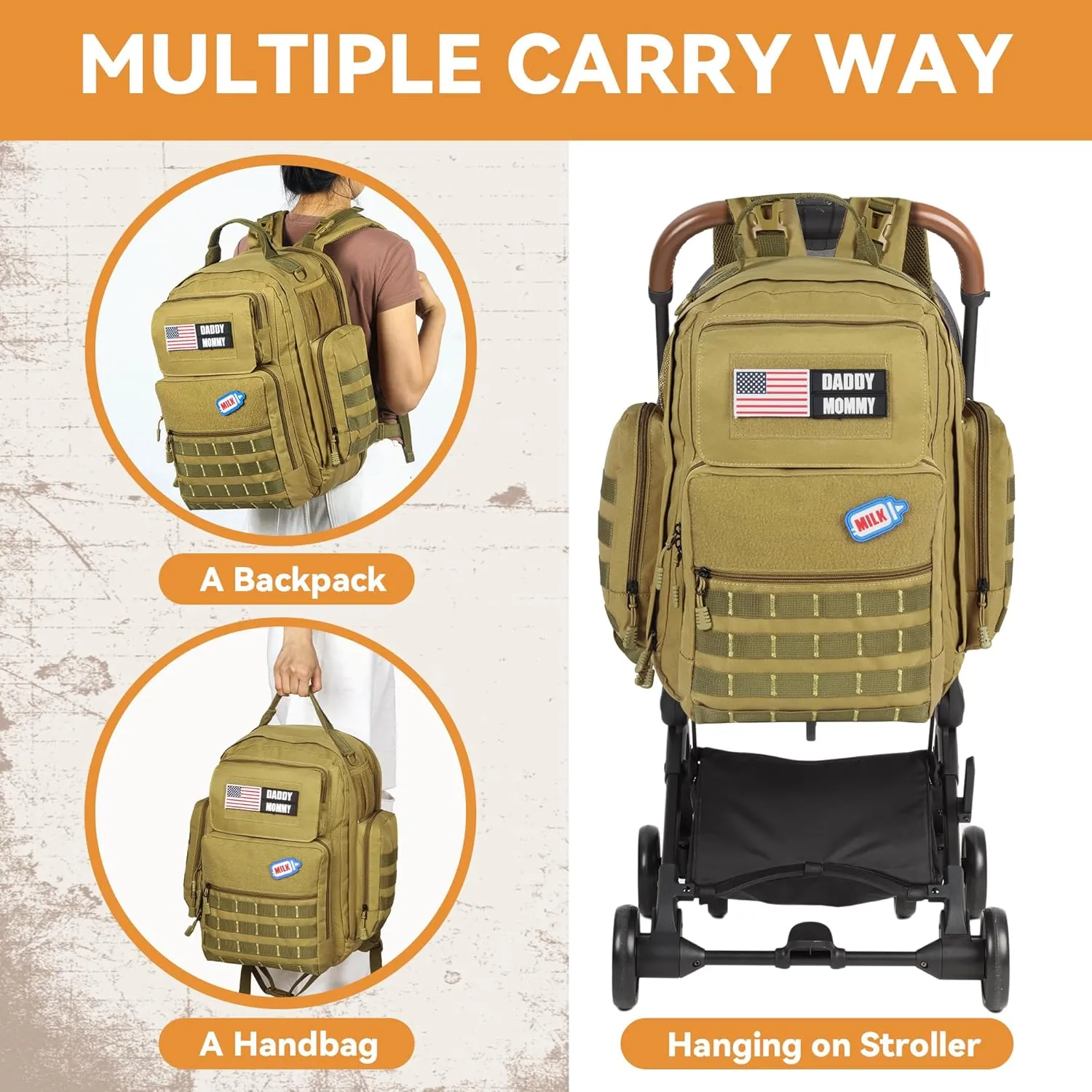 MABOZOO Diaper Bag Backpack for Dad, Brown Military Diaper Bag Backpack with Waterproof Changing Pad,Large Mens Baby Bag,Unisex Molle Style Baby Backpack Bag